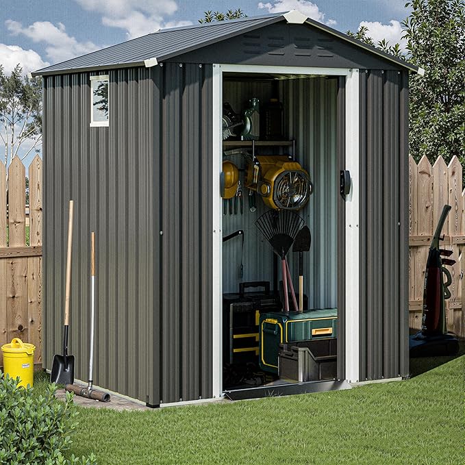 JYQAQA 6x4 FT Outdoor Storage Shed,Waterproof Metal Garden Sheds with Lockable Double Door,Weather Resistant Steel Tool Storage House Shed for Garden,Patio,Lawn, Gray