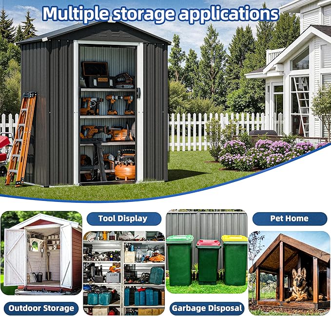 JY QAQA 5x3 FT Metal Outdoor Garden Storage Shed, Waterproof Metal Garden Sheds with Window and Lockable Double Door, Weather Resistant Steel Tool Storage House Shed for Patio, Lawn Gray
