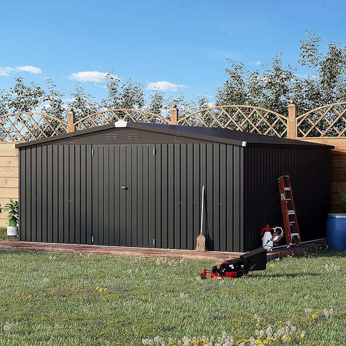 AECOJOY Shed 12' x 14' Storage Shed, Outdoor Metal Storage Sheds & Outdoor Storage 14x12 with Lockable Doors, Large Steel Yard Shed, Utility Tool Storage for Garden, Patio, Outside use in Dark Grey