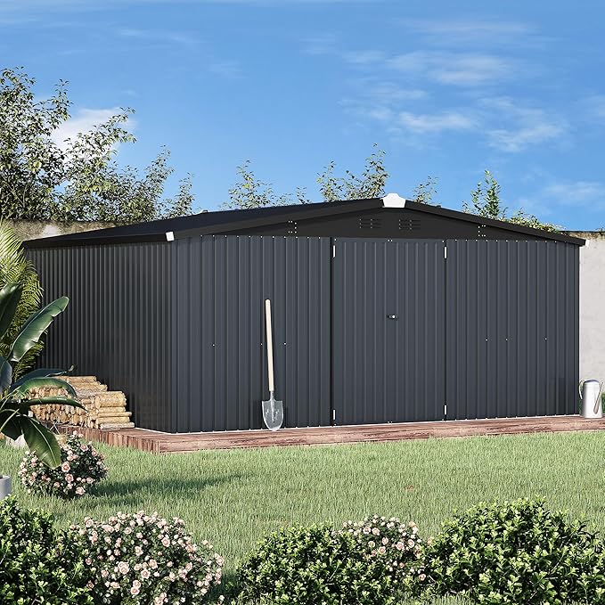 AECOJOY Shed 12' x 14' Storage Shed, Outdoor Metal Storage Sheds & Outdoor Storage 14x12 with Lockable Doors, Large Steel Yard Shed, Utility Tool Storage for Garden, Patio, Outside use in Dark Grey