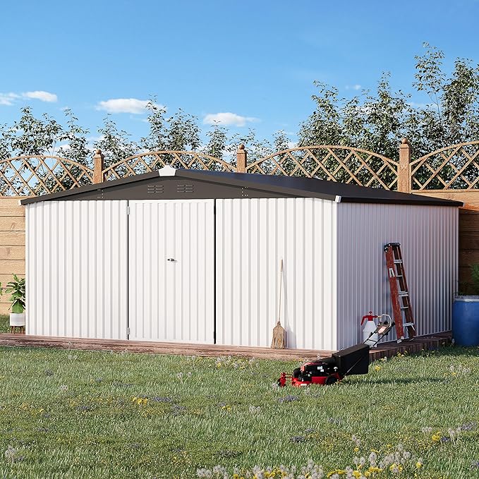 AECOJOY 12' x 14' Outdoor Storage Shed, Large 14x12 Metal Sheds & Outdoor Storage Clearance Steel Yard Shed with Lockable Doors, Utility Tool Storage Garden Shed for Backyard, Patio and Outside use