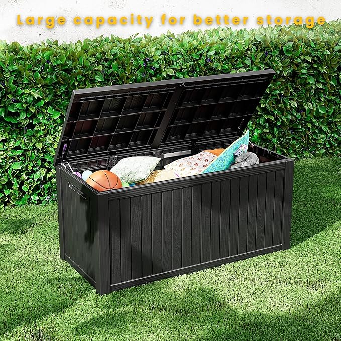 Outdoor Storage Deck Box Waterproof, 200 Gallon Large Lockable Patio Storage Bin Chest, Resin Outside Container Seat Bench for Furniture Cushions, Pool Accessories, Garden Tools & Delivery, Black