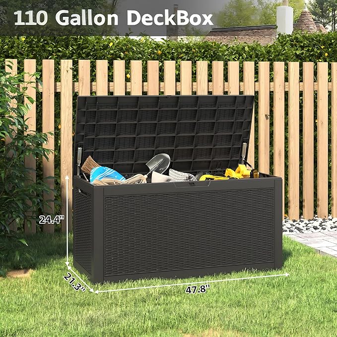 110 Gallon Outdoor Storage Box, Resin Deck Boxes Outdoor Waterproof For Patio Furniture, Garden Tools, Pool Supplies, Lockable And UV Resistant (Rattan Black)